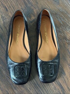 Tory Burch Black Leather Square-Toe Logo Flats